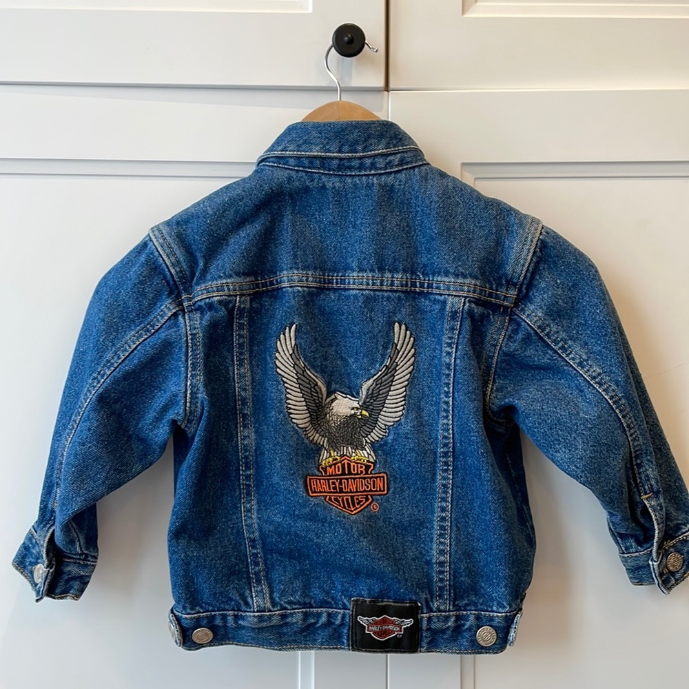 Harley Davidson, Vintage Eagle embroidered kids denim jacket, Size 4